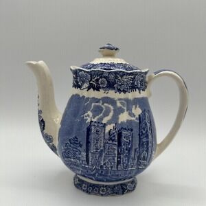 Vtg Palissy Pottery Coffee Pot Thames River Lambeth Palace Blue Transferware 7"